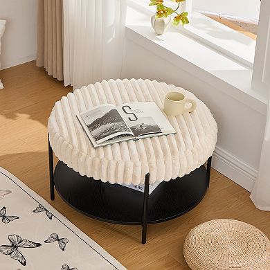 Trikiousd Round Ottoman Coffee Table Upholstered Footstool with Open Storage Shelf