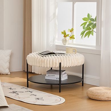 Trikiousd Round Ottoman Coffee Table Upholstered Footstool with Open Storage Shelf
