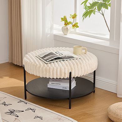 Trikiousd Round Ottoman Coffee Table Upholstered Footstool with Open Storage Shelf