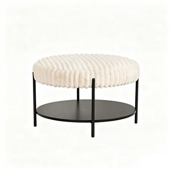 Trikiousd Round Ottoman Coffee Table Upholstered Footstool with Open Storage Shelf