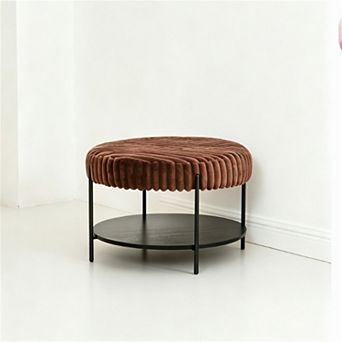 Trikiousd Round Ottoman Coffee Table Upholstered Footstool with Open Storage Shelf