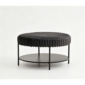 Trikiousd Round Ottoman Coffee Table Upholstered Footstool with Open Storage Shelf