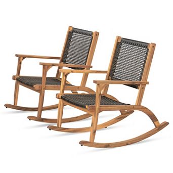Trikiousd 2 pc Patio Rocking Chair Set, Acacia Wood Outdoor Rockers Garden Backyard Lounge Chair