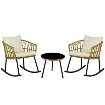 Trikiousd Outdoor PE Rattan Rocking Chair Set, 3 pc Conversation Set w/ 2 Rocking Chairs & Table
