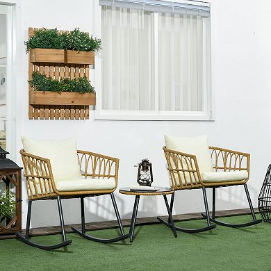Trikiousd Outdoor PE Rattan Rocking Chair Set, 3 Piece Conversation Set w/ 2 Rocking Chairs & Table