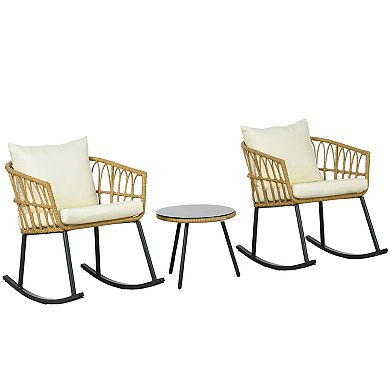 Trikiousd Outdoor PE Rattan Rocking Chair Set, 3 Piece Conversation Set w/ 2 Rocking Chairs & Table