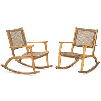 Trikiousd 2 pc Patio Rocking Chair Set, Acacia Wood Outdoor Rockers Garden Backyard Lounge Chair