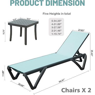 Outdoor Pool Lounge Chairs Set with Side Table, Aluminum Adjustable Outdoor Chaise with Wheels