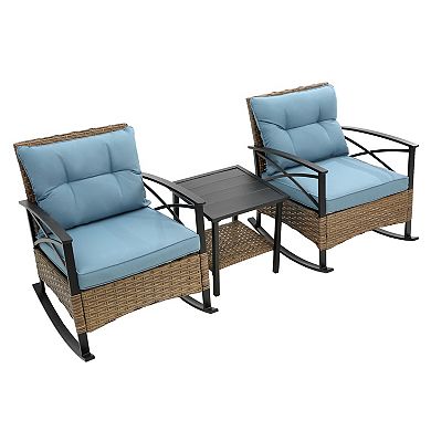 Trikiousd 3-Piece Rattan Rocking Bistro Set, Outdoor Cushions Rocking Chairs & Table Set