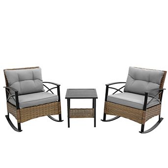 Trikiousd 3 pc Rattan Rocking Bistro Set, Outdoor Cushions Rocking Chairs & Table Set