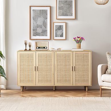 Trikiousd 4-Door Rattan Buffet Sideboard Accent Storage Cabinet