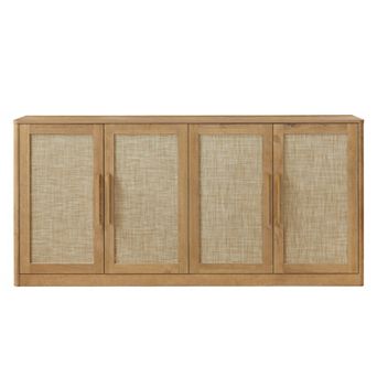 Trikiousd 4-Door Sideboard Boho Rattan Accent Cabinet Entryway Cabinet TV Console Table