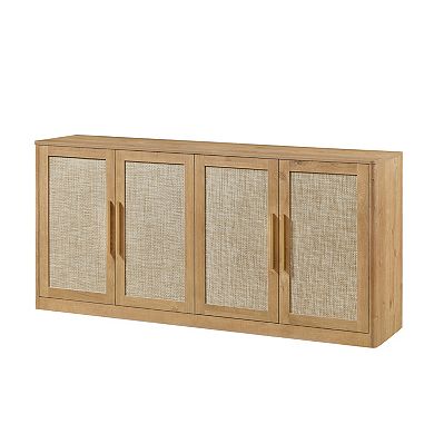 Trikiousd 4-Door Sideboard Boho Rattan Accent Cabinet Entryway Cabinet TV Console Table