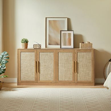 Trikiousd 4-Door Sideboard Boho Rattan Accent Cabinet Entryway Cabinet TV Console Table