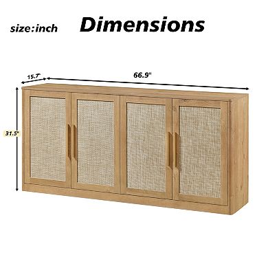 Trikiousd 4-Door Sideboard Boho Rattan Accent Cabinet Entryway Cabinet TV Console Table