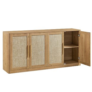 Trikiousd 4-Door Sideboard Boho Rattan Accent Cabinet Entryway Cabinet TV Console Table