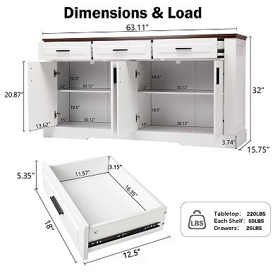 Trikiousd Modern Fluted Sideboard Buffet Cabinet, 63" Large Storage Cabinet 3 Drawers Console Table