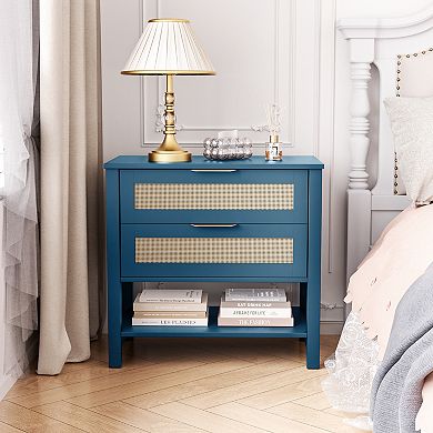 Trikiousd Rattan Nightstand 2 Drawers Bedside Side Table for Bedroom