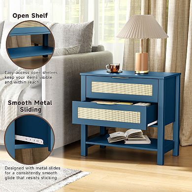 Trikiousd Rattan Nightstand 2 Drawers Bedside Side Table for Bedroom