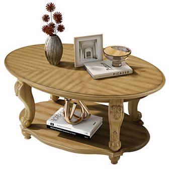 Trikiousd 42'' Oval Wood Coffee Table with 2 tier Storage Shelf