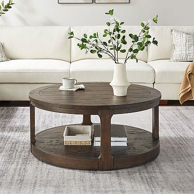 Trikiousd 40-Inch Round 2-Tier Wooden Coffee Table with Wheels, Rustic Living Room Table