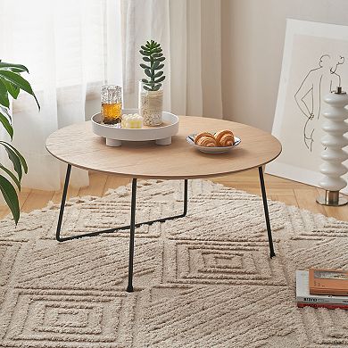 Trikiousd Modern Round Coffee Table Side Table, Oak Veneer Sofa Table