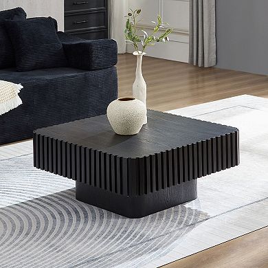 Trikiousd 35.4-Inch Square Drum Coffee Table, Modern Wood Coffee Table with Pedestal Base