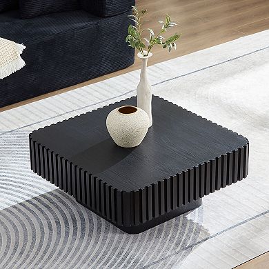 Trikiousd 35.4-Inch Square Drum Coffee Table, Modern Wood Coffee Table with Pedestal Base