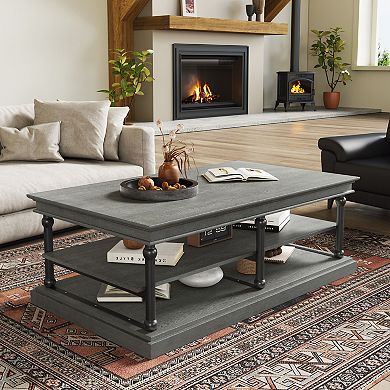 Trikiousd 55.1" Wood Coffee Table with 2 Open Storage Shelves