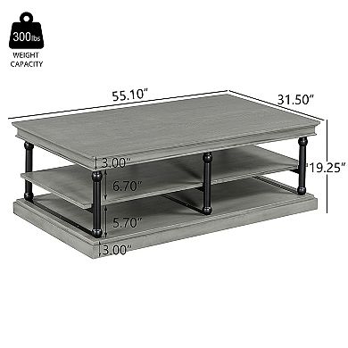 Trikiousd 55.1" Wood Coffee Table with 2 Open Storage Shelves