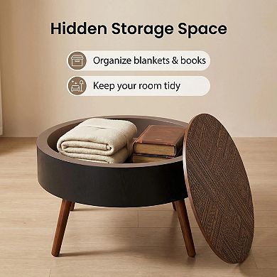 Trikiousd 31.5-Inch Round Coffee Table with Storage and Engraved Top
