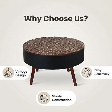 Trikiousd 31.5-Inch Round Coffee Table with Storage and Engraved Top