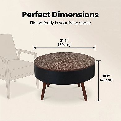 Trikiousd 31.5-Inch Round Coffee Table with Storage and Engraved Top