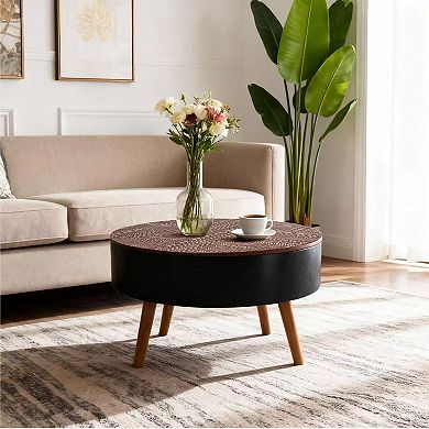 Trikiousd 31.5-Inch Round Coffee Table with Storage and Engraved Top