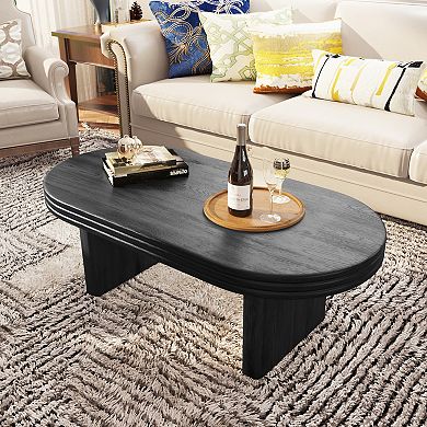 Trikiousd Mid Century Modern Oval Fluted Coffee Table with Wood Veneer