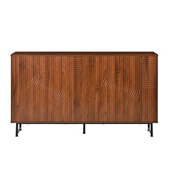 Trikiousd Mid-Century Modern Sideboard with Geometric Carved Doors and Metal Legs Storage Cabinet