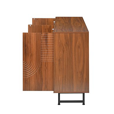 Trikiousd Mid-Century Modern Sideboard with Geometric Carved Doors and Metal Legs Storage Cabinet