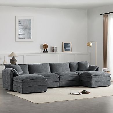 Trikiousd 136" Chenille U-Shaped Modular Sectional Sofa with Ottoman, 6-Seater