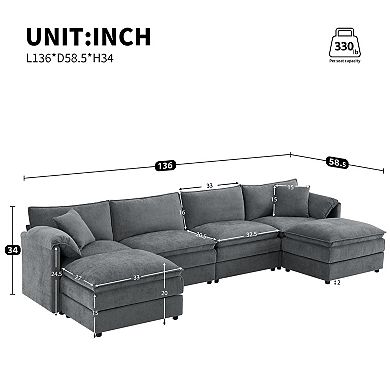 Trikiousd 136" Chenille U-Shaped Modular Sectional Sofa with Ottoman, 6-Seater