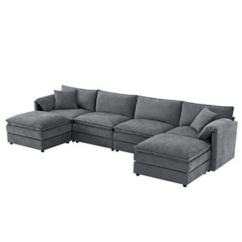 Trikiousd 136" Chenille U-Shaped Modular Sectional Sofa with Ottoman, 6-Seater