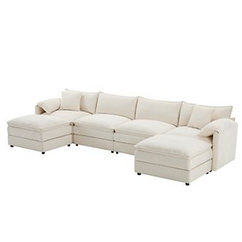 Trikiousd 136" Chenille U-Shaped Modular Sectional Sofa with Ottoman, 6-Seater