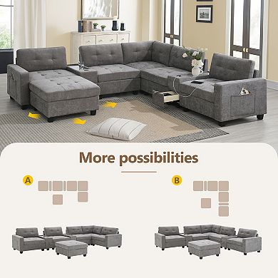 Trikiousd 104" L-Shaped Chenille Sectional Sofa with Movable Ottoman and Storage Consoles