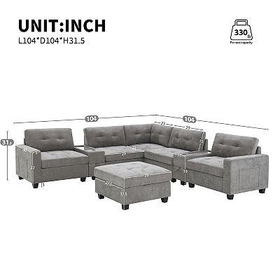 Trikiousd 104" L-Shaped Chenille Sectional Sofa with Movable Ottoman and Storage Consoles