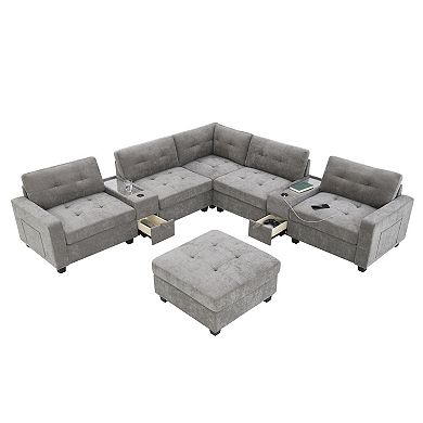 Trikiousd 104" L-Shaped Chenille Sectional Sofa with Movable Ottoman and Storage Consoles