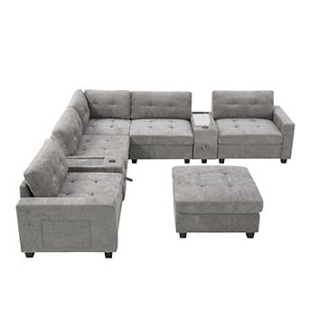 Trikiousd 104" L-Shaped Chenille Sectional Sofa with Movable Ottoman and Storage Consoles