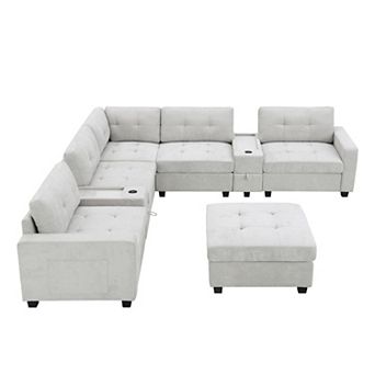 Trikiousd 104" L-Shaped Chenille Sectional Sofa with Movable Ottoman and Storage Consoles