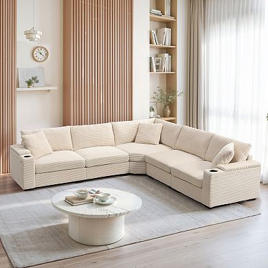 Trikiousd 104" L-Shaped Corduroy Sectional Sofa with Armrest Storage and USB