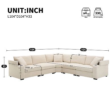Trikiousd 104" L-Shaped Corduroy Sectional Sofa with Armrest Storage and USB