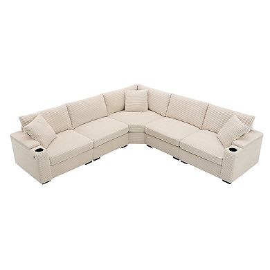 Trikiousd 104" L-Shaped Corduroy Sectional Sofa with Armrest Storage and USB