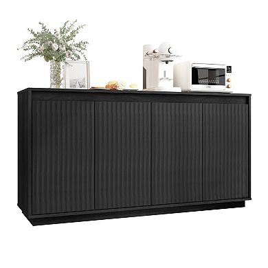 Trikiousd 4-Door Wood Sideboard Buffet Cabinet with Power Outlet and Wavy Texture